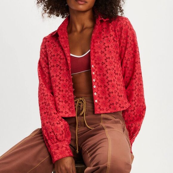 Free People Dream a Little Dream Eyelet Lace Top in Coral Combo - Picture 1 of 8